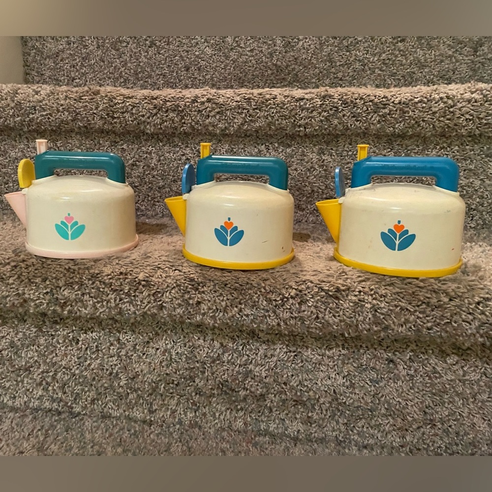 3 Vintage Fisher Price Whistling Tea Pot 1987 Kitchen Toys Kettle Made USA WORK